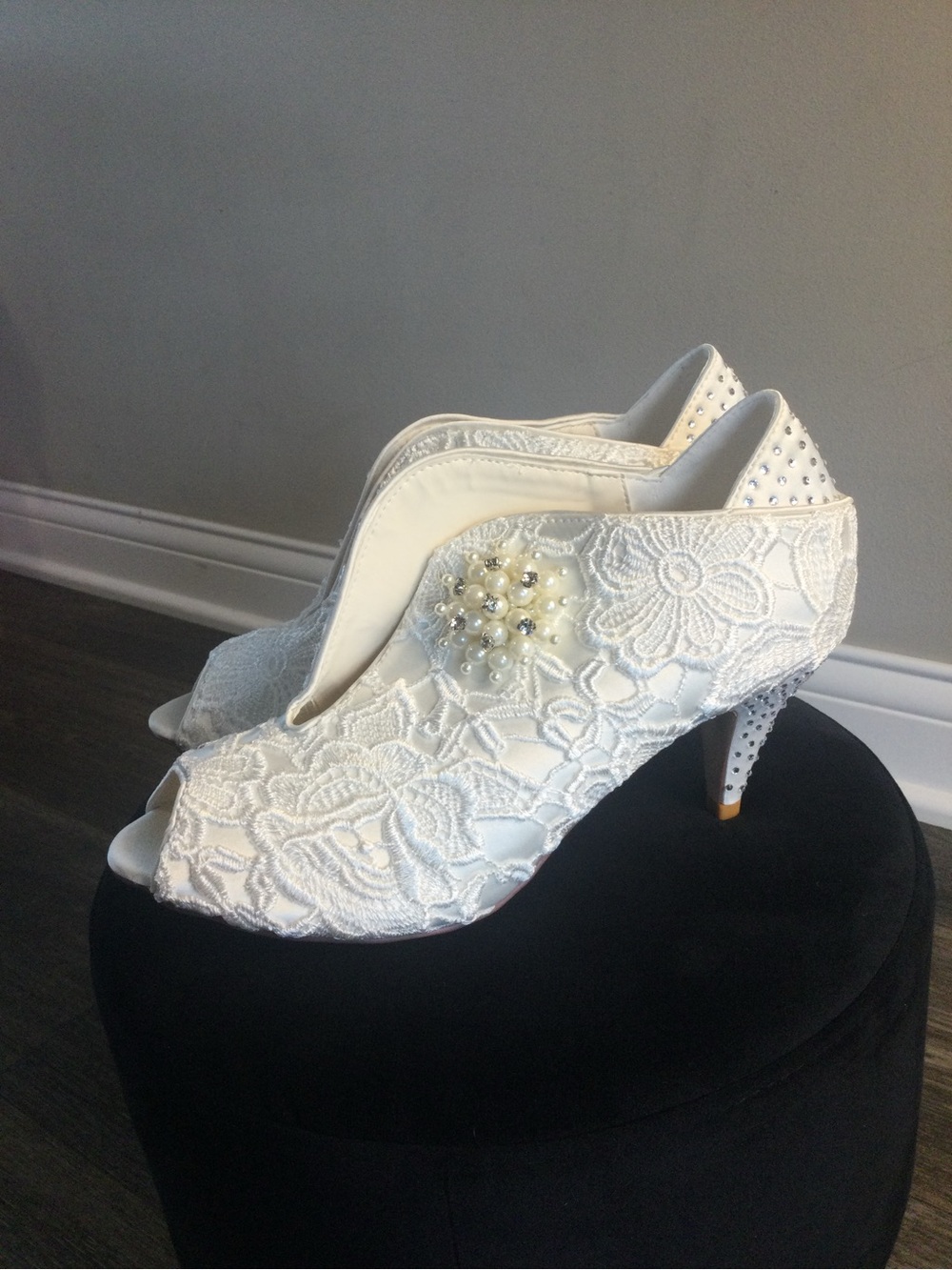 Ivory Lace Bridal Peep-Toe Heels with Pearl Brooch
